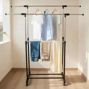 Black base pole, dual rods, extendable up/down and left/right shoe rack drying rack