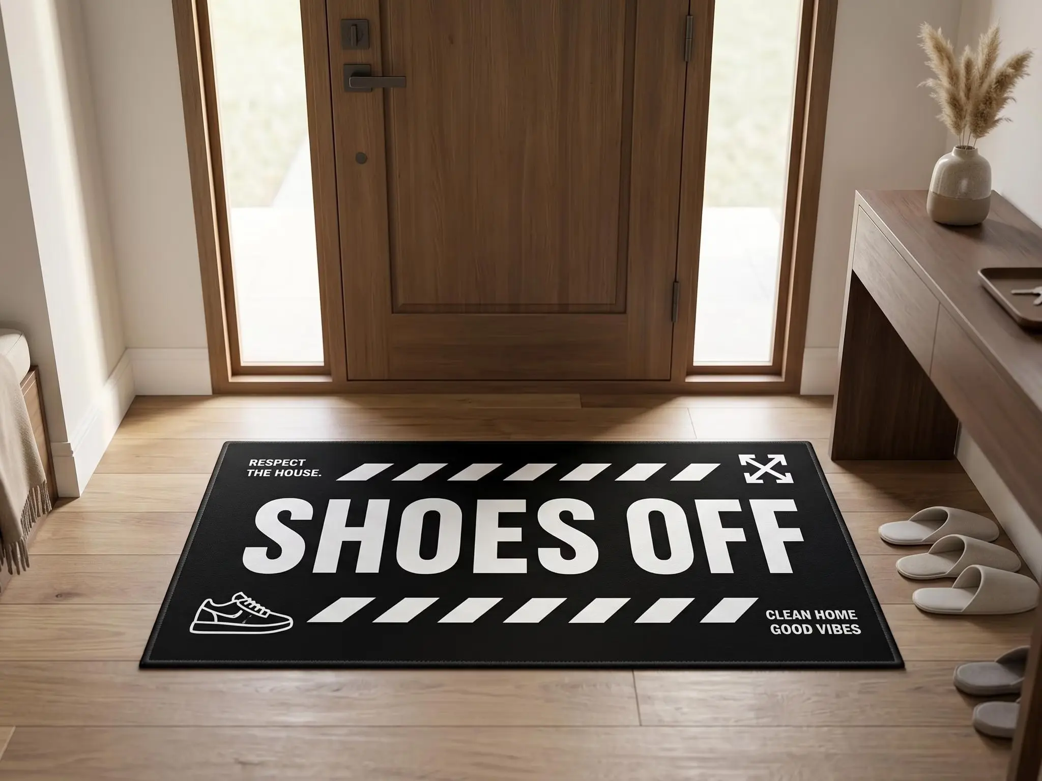 Black and White Shoes Off Area Rug - Streetwear Entryway Mat for Sneakerhead Home Decor