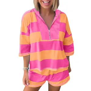 Mntaor Women's Striped Half Zip Set - Oversized Casual T-Shirt & Shorts 2pcs Outfit Perfect for Loungewear Festivals & Summer Streetwear Vibrant Color Block Clothes Womenswear Suits Top