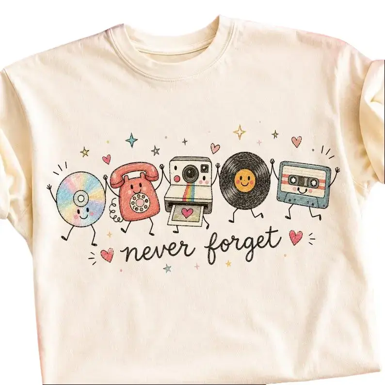 Never Forget Cute Retro Vinyl Sublimation Design Shirt, Nostalgic 90s Music Tape Shirt, Cassette Tape, Phone Disco