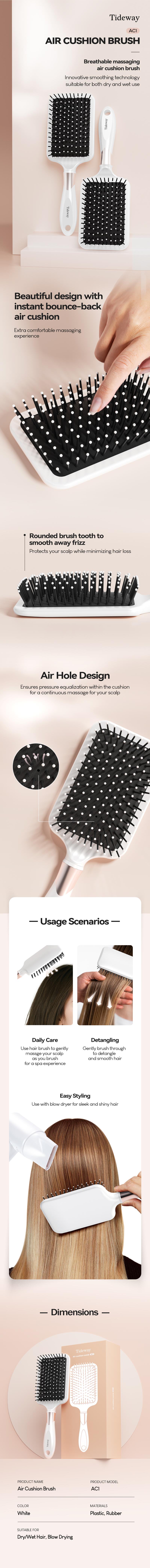 Tideway Air Cushion Massage Comb + Hollow Massage Comb + Cylinder Styling Curl Comb - Daily Care and Detangling, Massage for Scalp, Heat Resistant Companion for Hair Blowing and Styling