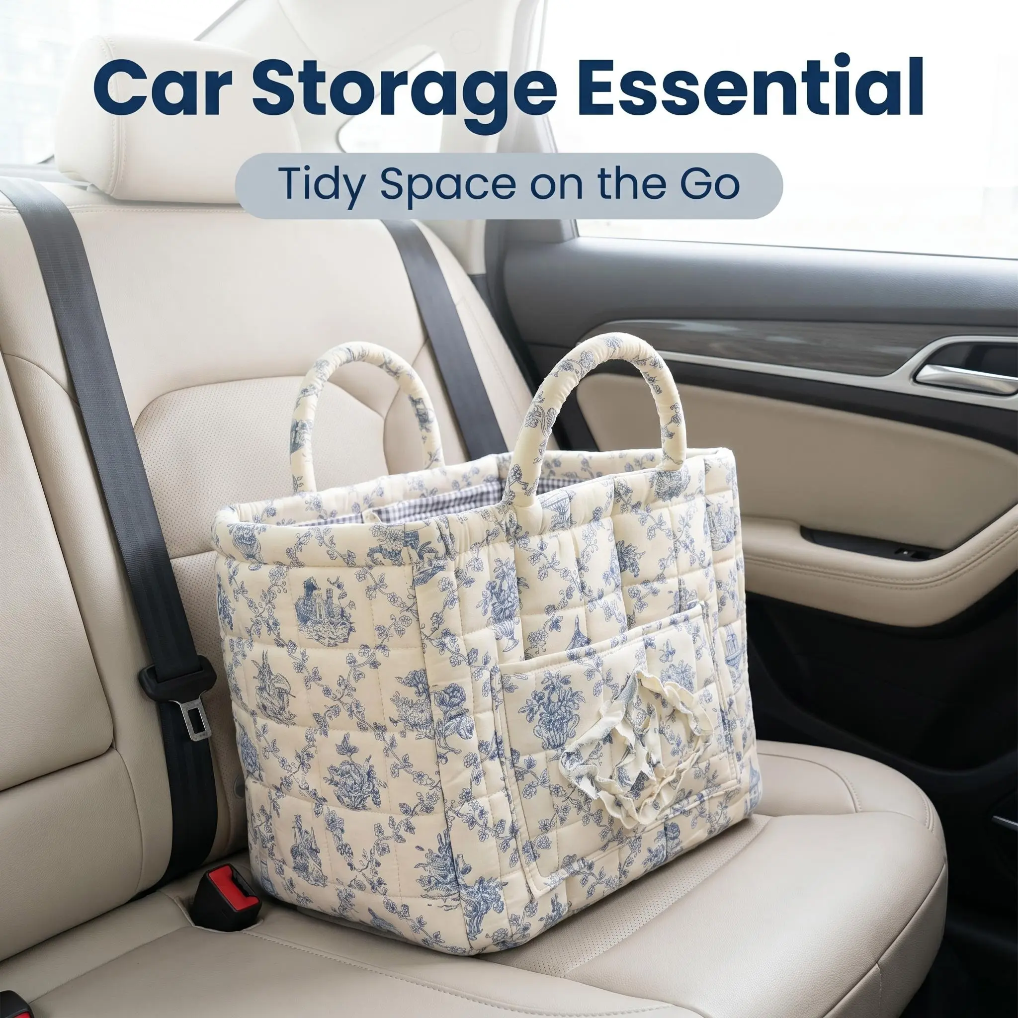 Farmhouse Style Flower-Printed Non-Woven Fabric Quilted Collapsible Storage Bag with Handle - Large Capacity Storage Organizer, Durable, Machine Washable, Car Accessories Trunk/Backseat Organizer, Home Clutter Solution, Ideal Father's Day Gift
