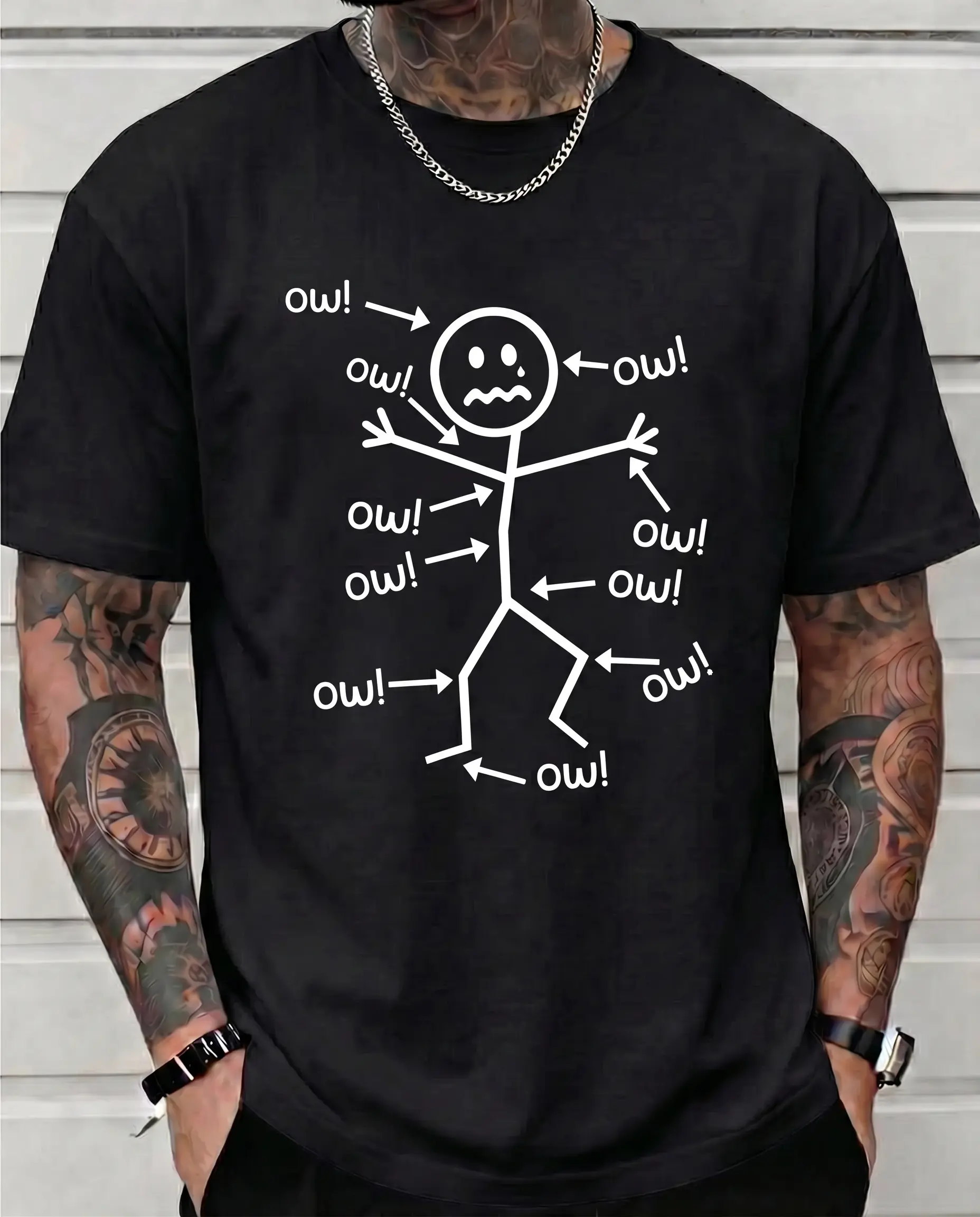 Women's Cotton Short-Sleeve Graphic Tee - Unisex Round Neck Apparel, Funny Stick Figure Everything Hurts Print, Chronic Pain Meme Aging Humor Over 30 Gag Gift, Introvert Loungewear Streetwear Top