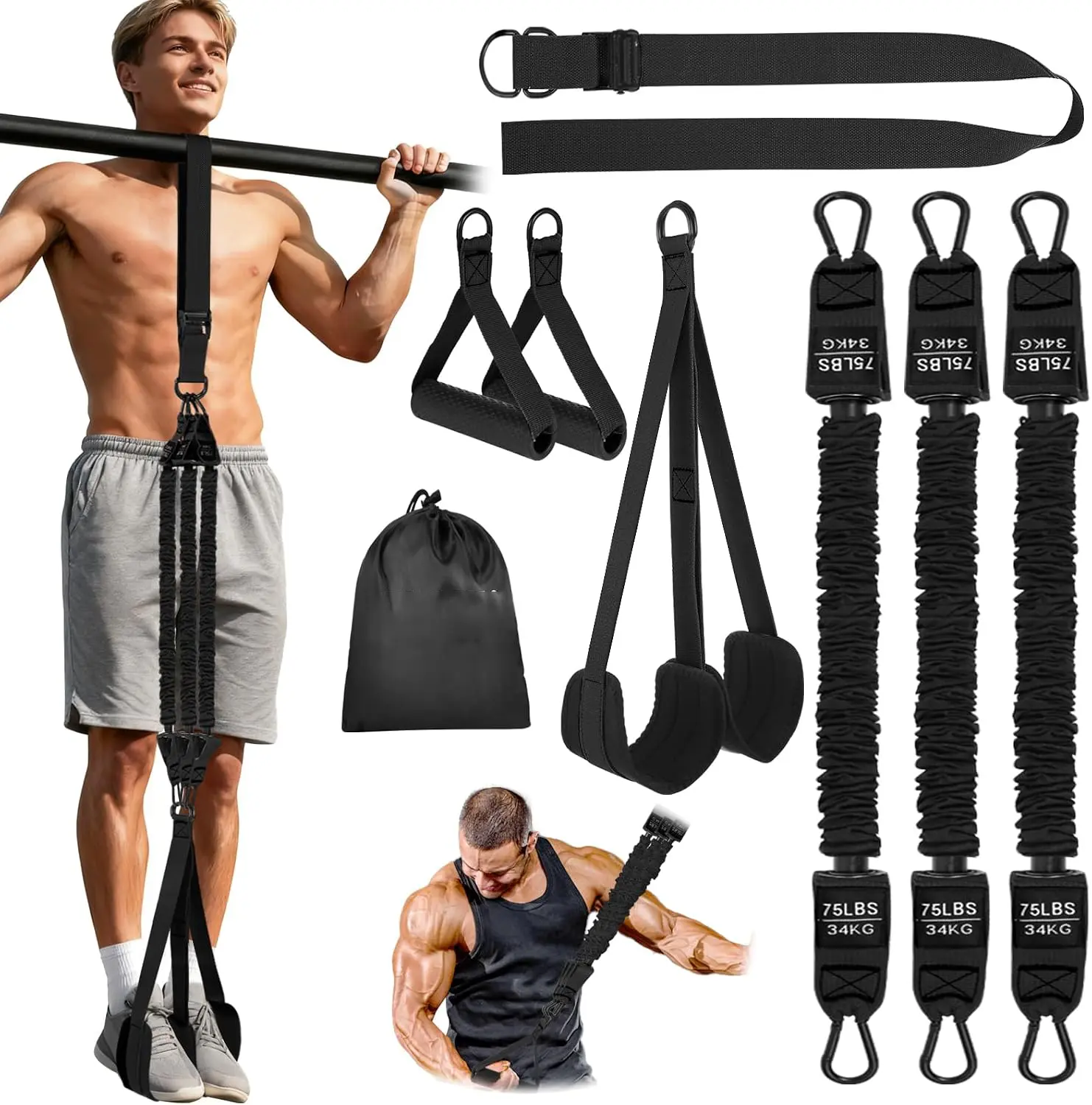 Heavy Duty Adjustable Pull Up Assist Bands with Latex Core, Height Adjust Function, Storage Bags & Universal Fit for Fitness, Suspension Training