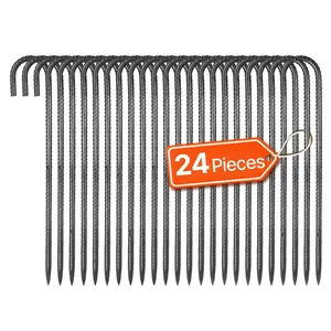 16-Inch Rebar Stakes 24 Pack Heavy Duty J Hook Ground Anchors Made From Galvanized Steel For Outdoor Construction And Fence Posts, Landscaping, Lawn Stabilization, Rust-Resistant, Durable, Easy To Install