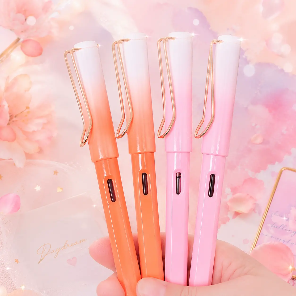 2pcs Macaron Gradient Fountain Pens, Back‑to‑School Student Stationery, 0.38mm Fine Nib Black Ink, Comes with 4 Free Ink Refills, Cute Pastel Aesthetic for Note‑Taking, Essays & Homework