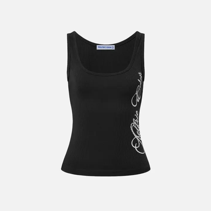 Aelfric Eden Graphic Tank Top Slim Cropped Fit Side Cursive Logo Print High-Stretch Ribbed Fabric Classic U-Neck Y2K Cute Streetwear Women's Top