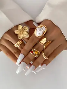 Women's Ring Set, Exaggerated Baroque Pearl Design, Fashionable Flower Embellished Open Rings, Unique Personalized Jewelry Accessories, Elegant Exaggerated Ring