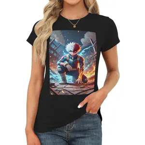 Todoroki Shoto anime superhero     Women's round-neck short-sleeved T-shirt, slimming top for going out, sexy basic style T-shirt