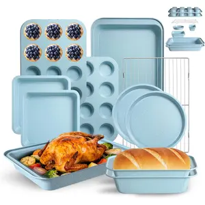 11-Piece Nonstick Baking Pans Set - Professional Grade Carbon Steel Bakeware with Premium Coating- Dishwasher Safe, Stackable, Oven Safe to 450°F (Slight Blue)