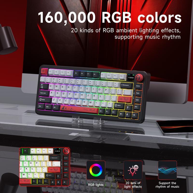 AJAZZ AK820 MAX PLUS Wireless Mechanical Keyboard with TFT Screen & Knobs Gasket Architecture 3-mode 75% Hot Swappable Gaming PC Mac Linux Compatible Avocado Stalk Gift Ideals (Black Shark Red) Hot-Swappable Gaming Keyboard keyboar green  switch  keyboard