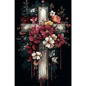 1PCS Vintage Cross Diamond Painting Kit with Colorful Flowers for Adults DIY Religious Wall Art Decor Cr