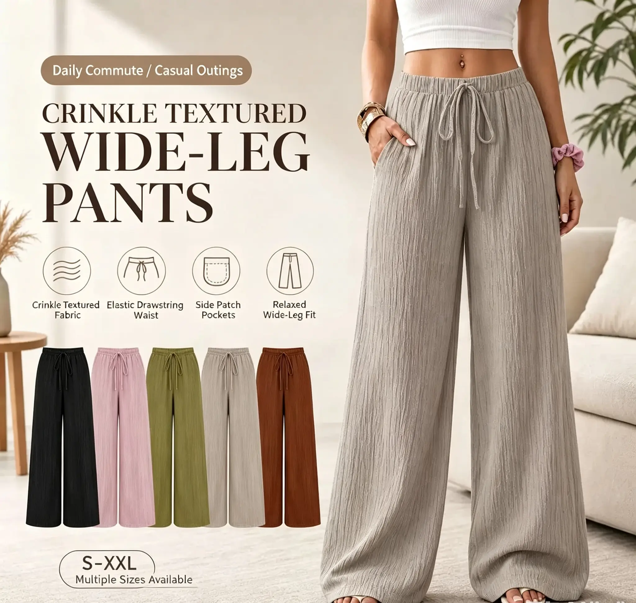 Women's Solid Crinkle Wide Leg Pants, Comfortable Casual Trousers with an Elastic Drawstring Waist and Pockets for Everyday Wear, Bottoms, Basic, Ruched, Baggy, Soft, Loose Fit