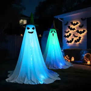 Halloween Ghost Decorations with LED Lights 2-Pack Indoor Outdoor Spooky Witch Hat Decor for Front Porch Yard Garden