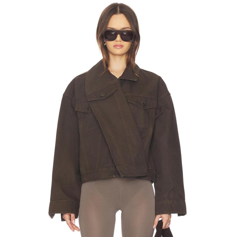 MARRKNULL Dislocated Wrap Around Denim Jacket in Brown