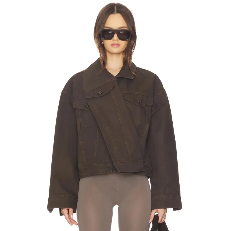 MARRKNULL Dislocated Wrap Around Denim Jacket in Brown