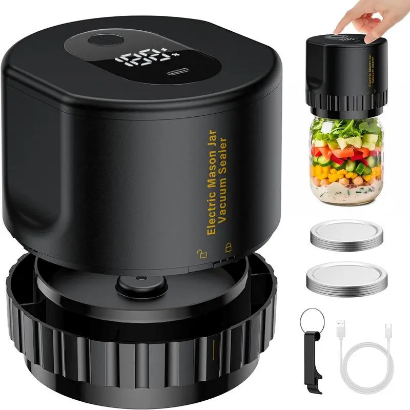 USB Electric Jar Vacuum Sealer Kit, Vacuum Sealer for Jars, Automatic Air Sealer, Automatic Food Sealer, 1 Set Sealing Machine with Led Screen, Automatic Sealing System, Jar Sealing Tool with 10 Jar Lids & Lid Opener, Summer Gift, Kitchen Accessories