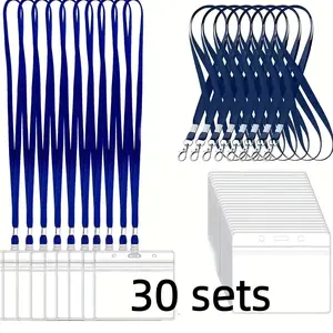30Pcs Clear Plastic Horizontal Name Tags Badge ID Card Holders and 30Pcs Blue Flat Neck Lanyards with Swivel Hook