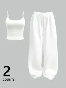 2-Piece Women's Casual Outfit Set, Clean Girl Aesthetic Minimalist Sleeveless Top And Wide-Leg Pants, Soft Breathable Fabric For Home, Travel And Everyday Errands