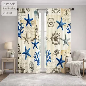 2Pcs Coastal Nautical Starfish Coral Lighthouse Pattern Sun Blocking Curtains Digital Printed Rod Pocket, Window Treatment For Bedroom Office Kitchen Living Room Study Home Decor