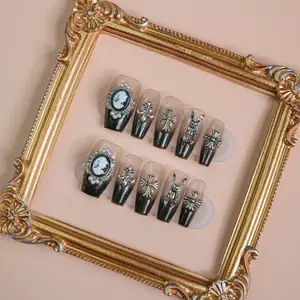 【FINAL SALE!】Black And White High-Quality Shimmering Acrylic Nail Kit Faux Pearl & Bow Decor Y2K Gothic Metallic  Vintage Hot Girl Spicy Girl Flower Butterfly Design Glittering Rhinestone Chrome Heart PressOn Nails Manicure Nail Art Durable Nail Care