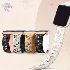 Floral Engraved Silicone Apple Watch Band – Cute Sport Strap (38–49mm, Series & Ultra)