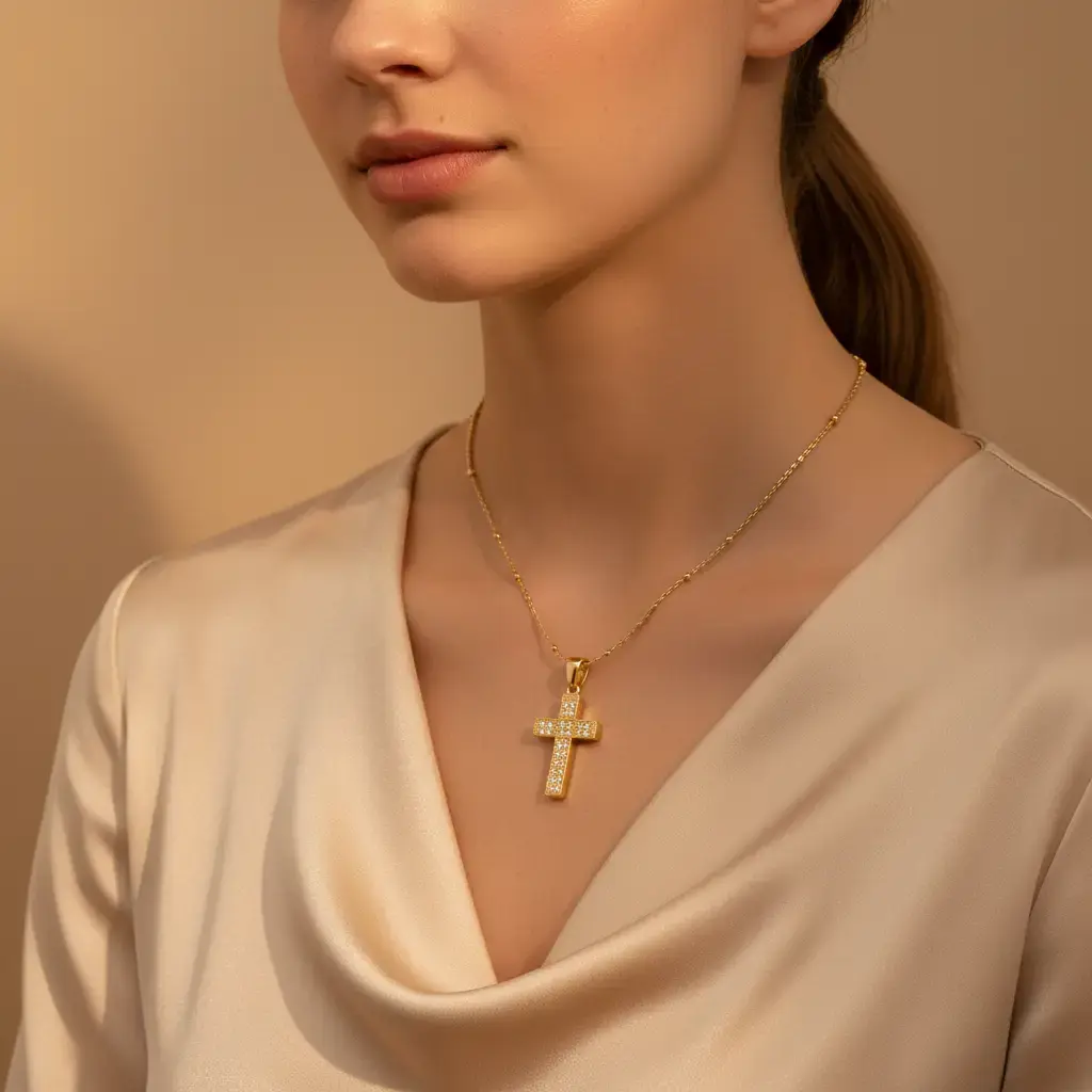 Women's Crystal Pavé Cross Pendant Necklace - Gold Tone, Sparkling Look Religious Gift for Women, Fashion Costume Jewelry Charm