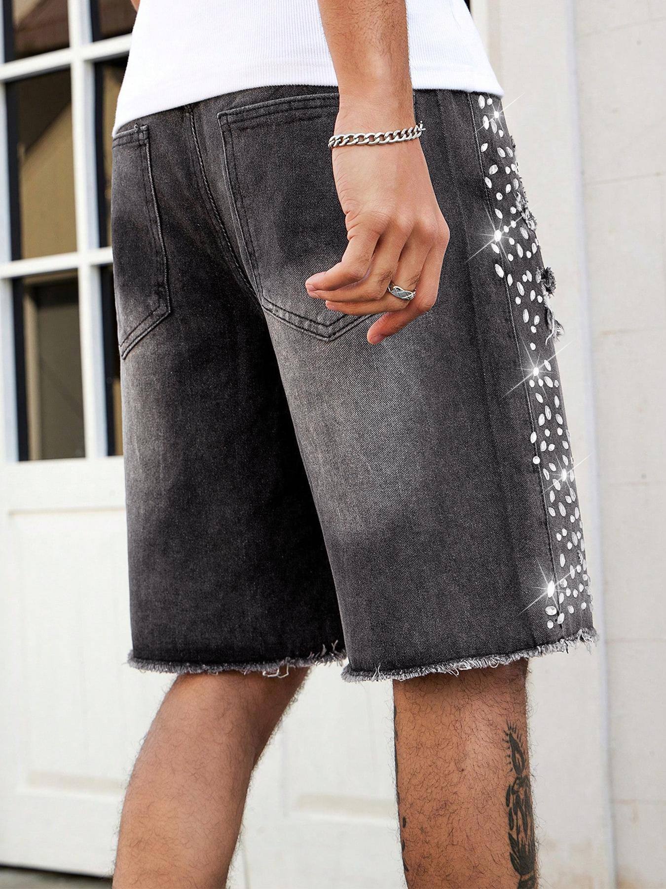 mens jorts，Rhinestone-Embellished Denim Shorts, Low-Rise Frayed Denim Shorts, Loose-Fit Jeans, Distressed Slim-Fit Straight-Leg Jeans