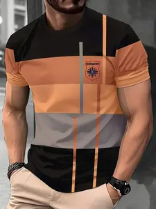 Men's 3D Color Block Print T-Shirt - Full-Body Geometric Design, Breathable Fabric, Machine Washable, Regular Fit Casual Summer Tee for Trendy Outfits, Comfortable Wear