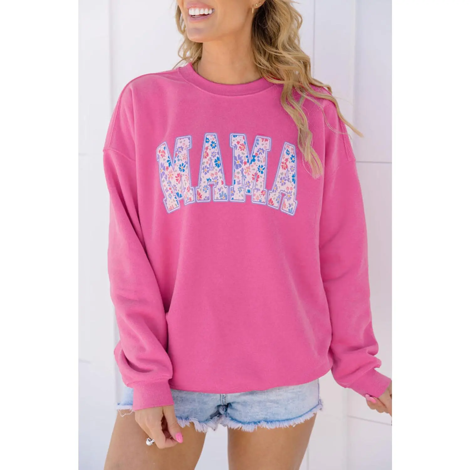Rose Red Floral MAMA Embroidered Graphic Pullover Sweatshirt