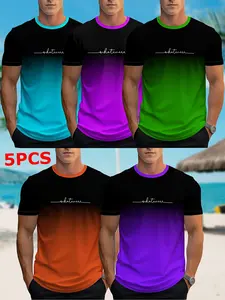 5-Pack Gradient Print Short Sleeve T-Shirts, Casual Loose-Fit Long Tee, All-Season Plain Surface, Summer Fashion Essential, Man