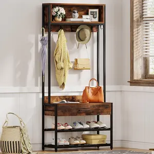 TRIBEWOOD 3-in-1 Entryway Hall Tree with Drawer, Vintage Industrial Coat Rack with Shoe Bench and Hutch, Mudroom Bench with Shoe Storage Rack and 9 Hooks for Living Room Bedroom