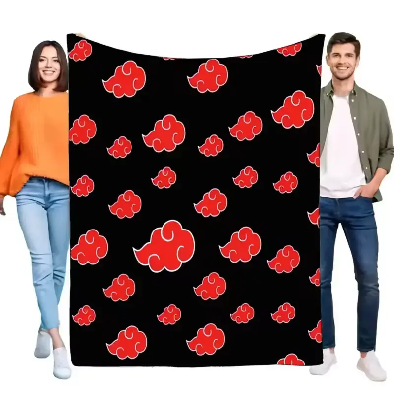 Soft Funny Throw Blanket Akatsuki Cloud Graphic Blanket - Black Flannel with Red Cloud Patterns, Plush Fabric, Lightweight Warmth, Soft Throw for Couch/Bed, Otaku Blanket for Home Room Decor