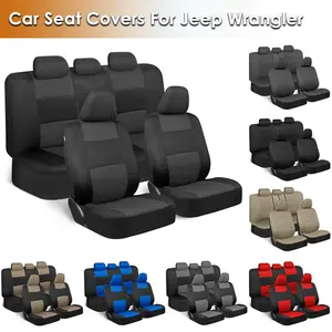 Car Seat Covers for Jeep Wrangler, Full Set 100% Breathable Polyester Cloth Protectors, Airbag Compatible Split Rear Bench Seat Auto Accessories Fit for Most Cars