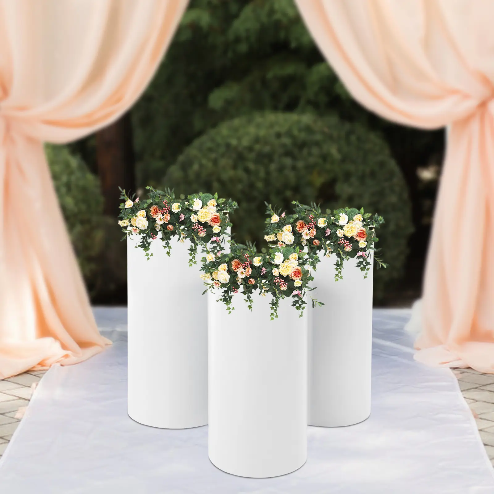 White Metal 3-Piece Cylindrical Display Stand Set - Simple, Sturdy Base Iron Pedestal Columns (50-60cm Tall) for Wedding Party Dessert Candy Table Decorations