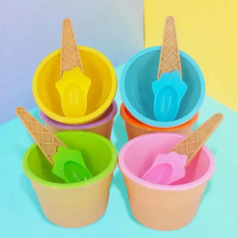 6 Sets Ice Cream Bowl and Spoon Plastic Reusable Ice Cream Bowl Cartoon Egg Cone Children Fruit Dessert Bowl Kitchen Accessories NONE