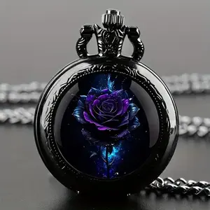 Vintage Purple Rose Quartz pocket watch with black necklace chain World Time feature alloy case