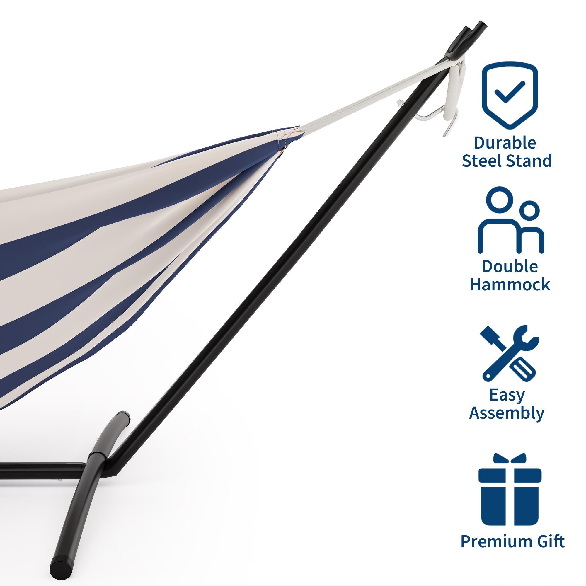 Double Hammock with Steel Stand, Indoor Outdoor Bed w/Carrying Bag, 2-Person Capacity Double Hammock with Stand – 450 lbs Capacity – Adjustable Two-Person Outdoor Hammock Chair – Sturdy Steel Frame, Thick Cotton Ropes, Portable Carry Bag
