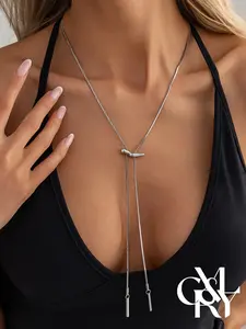 CRUSH CR Boho Adjustable Stainless Steel Silver Lariat Necklace, Sleek Snake Chain T-Bar Design, Casual Versatile Jewelry for Women, Perfect for Beach Vacations, Travel, Yoga and Boho Casual Styling