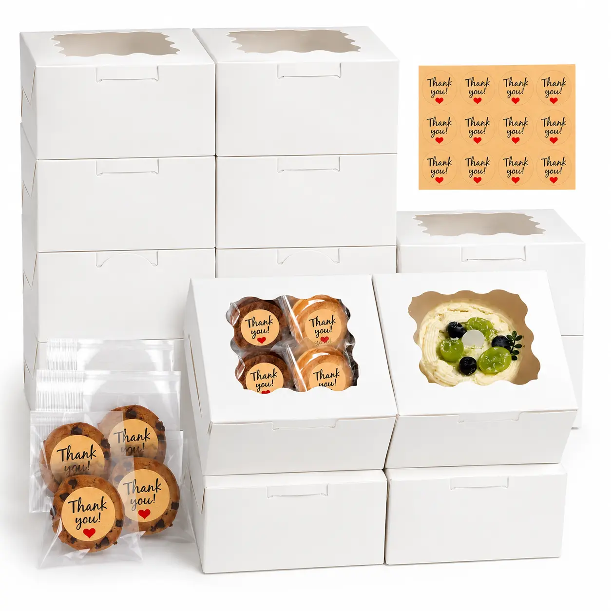 12 Pcs Cookie Boxes with Window, 6x6x3 Inches White Bakery Boxes, Treat Boxes with 50 Pcs Cookie Bags and 12 Pcs Stickers, for Dessert Pastry Chocolate Strawberries Macarons Donut Cupcake