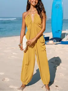 Women's Backless Deep V Neck Romper, Sleeveless Long Wide Leg Jumpsuit, Elegant One-Piece for Parties & Casual Wear, Fit, Womenswear