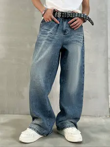 Men's Loose-Fit Tie-Dye Denim Jeans, Y2K Style Casual Straight Leg Pants, All-Season Fashionable Zipper Fly Design