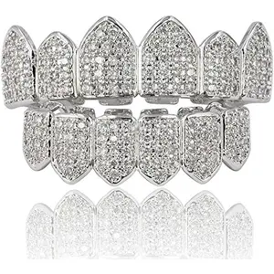 JINAO Grillz Diamond Grills for Your Teeth for Men Women 18K Gold Plated Iced Out Macro Pave Cubic Zirconia Mouth Grill with Extra Molding Bars Included