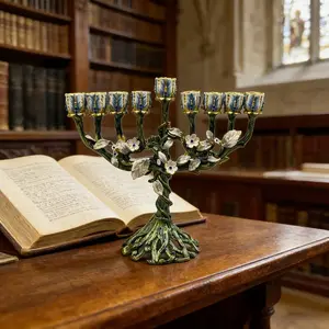 Vintage Vine Floral Nine-Arm Jewish Candlestick, Natural Forest Relief Style, Holiday Atmosphere Creation, Hand-Painted Gold Trim, Home Decor