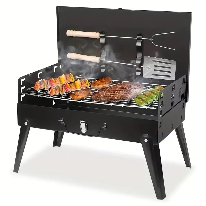Portable Sturdy Stainless Steel Charcoal Barbecue Grill - Foldable Compact Iron Build, 3-Height Adjustable, 4-Sided Windproof, Heavy-Duty Stainless Grate, No Assembly Tools Needed for Camping, Backyard Outdoor Use, Stainless Steel Bbq