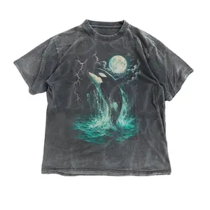 Orca Midnight Vintage Style Graphic Tee, Retro Ocean Orca Shirt, Moonlight Ocean Lightning Tee, 90s Marine Life T-Shirt, Vintage Graphic Tee, Animal Shirt, Unisex Cotton Crewneck T-Shirt Menswear Womenswear Underwear Streetwear Top