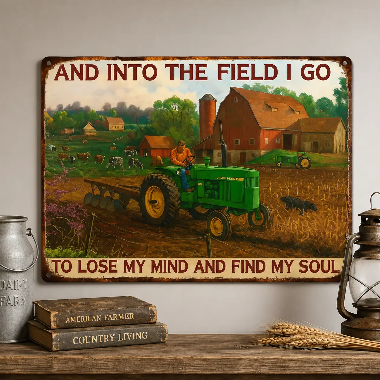 Vintage 12x8 in Aluminium Farm Tin Sign - "And Into The Field I Go" Green Tractor, Rustic Red Barn, Cows Design - Farmhouse Home Decor - Farmer Gift, Easy to Hang