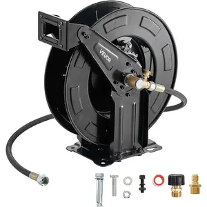 VEVOR Tangle-Free Retractable Pressure Washer Hose Reel, 50 ft x 3/8 in Steel Construction, 4000PSI Max, Auto-Retracting, Multiple Fittings, Wall/Floor Mountable, Outdoor Use for Car Washing, Garden Cleaning