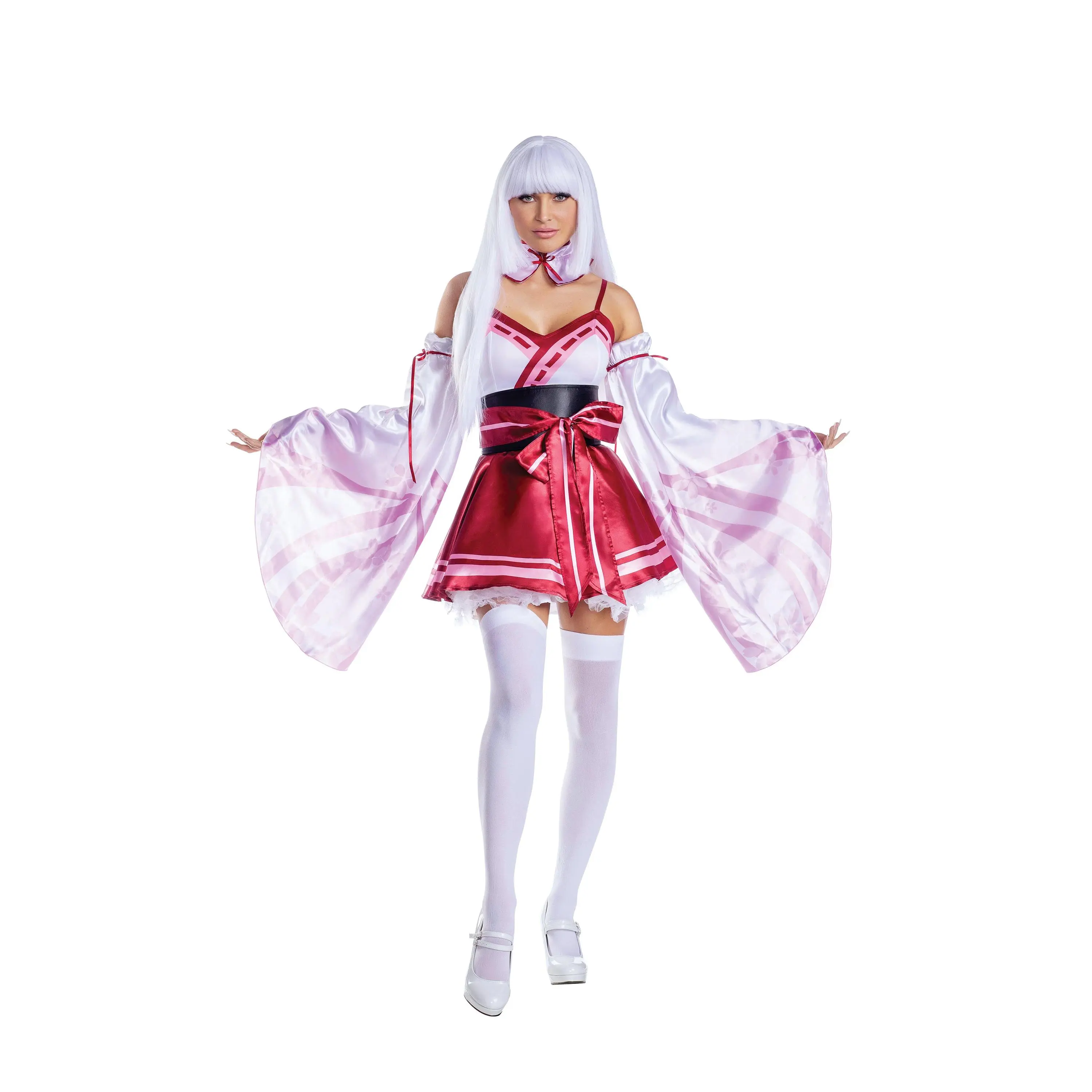Sakura Shrine Maiden Costume Women Japanese Kimono Dress Obi Belt Cosplay Outfi