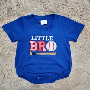 Short sleeves blue cotton LITTLE BRO baseball embroidery baby bubble boy romper